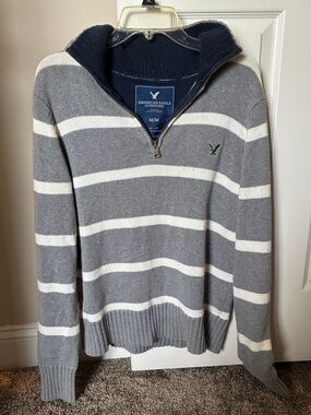 American Eagle Outfitters Gray & White Striped Half-Zip Sweater